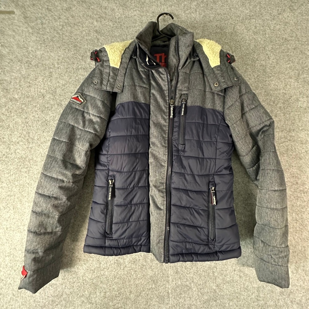 Superdry Fuji Jacket Womens Medium Grey Navy Good Sherpa Hooded Nanopuffer